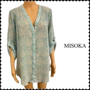 Misoka Women’s Teal Large Button Down Polka Dot Blouse 3/4 Sleeve